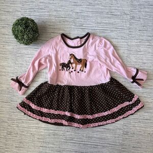 Vintage Toffee Apple Toddler Girls Pink Brown Horse Ruffle Dress Size 4 L